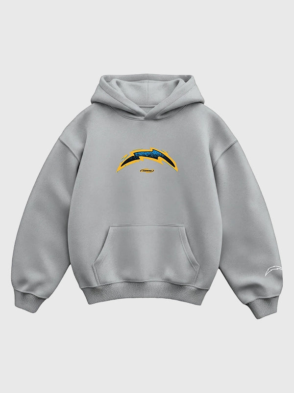Grey fleece pullover hoodie inspired by Seen x Chargers featuring bold graphic print and casual streetwear style