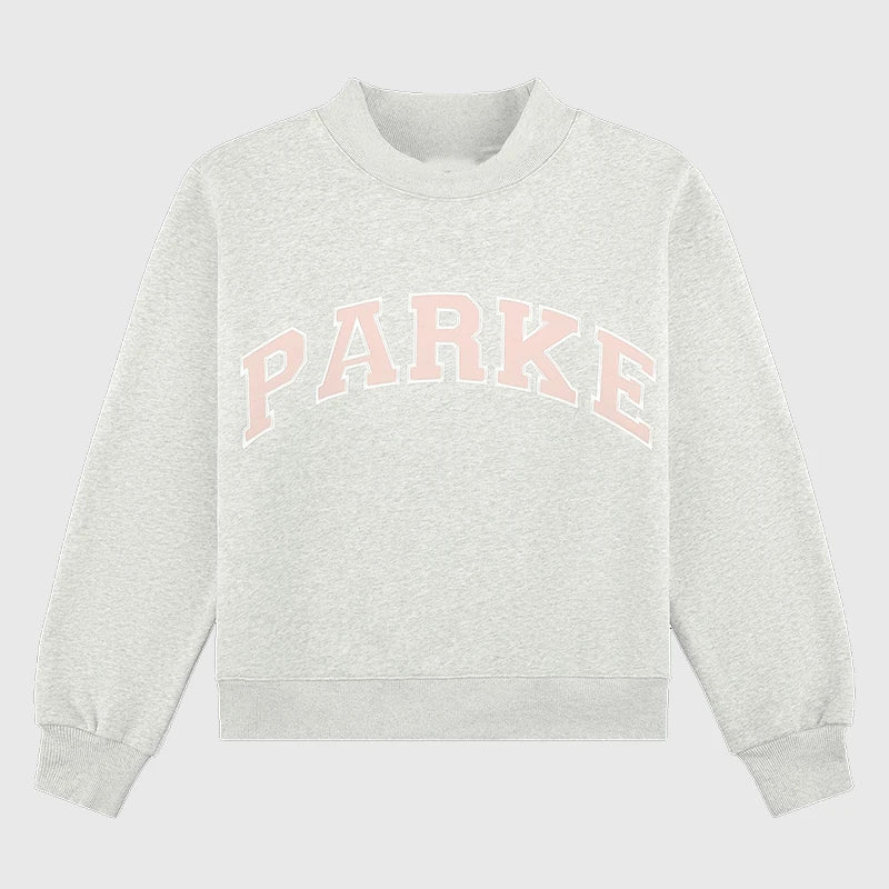 Grey Parke Miami fleece sweatshirt featuring varsity lettering and a structured mockneck collar.