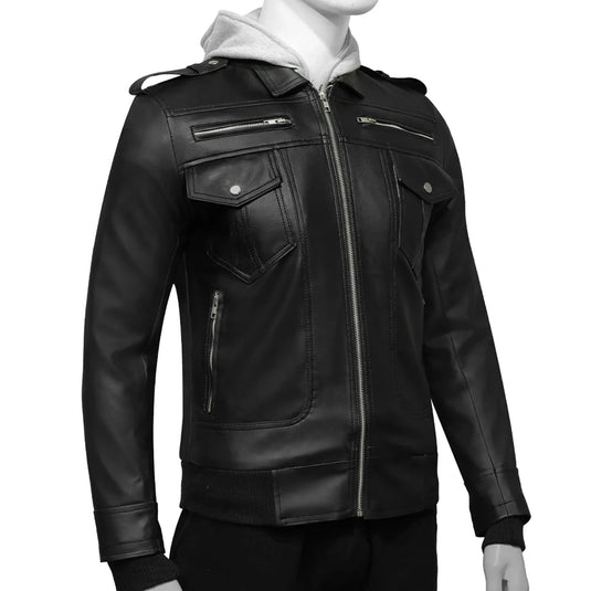 Samuel Black Leather Jacket with Grey Hood