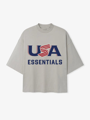 RECREATED Essentials Fear of God 2026 USA Baseball Merch T-Shirt in Grey featuring soft cotton material with a relaxed unisex profile