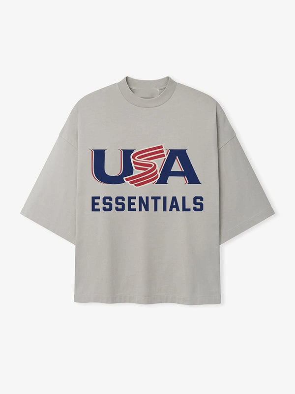 RECREATED Essentials Fear of God 2026 USA Baseball Merch T-Shirt in Grey featuring soft cotton material with a relaxed unisex profile