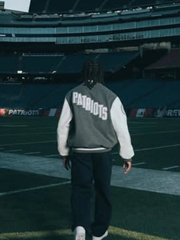 Recreated Patriots Rivalries wool varsity jacket featuring CNCPTS and Nike detailing in a sharp grey-white finish.