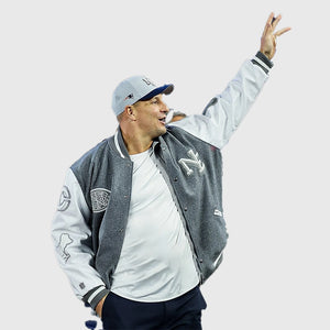 Patriots Rivalries wool varsity jacket from the CNCPTS x Nike collab inspired by Gronkowski’s 2025 game look.