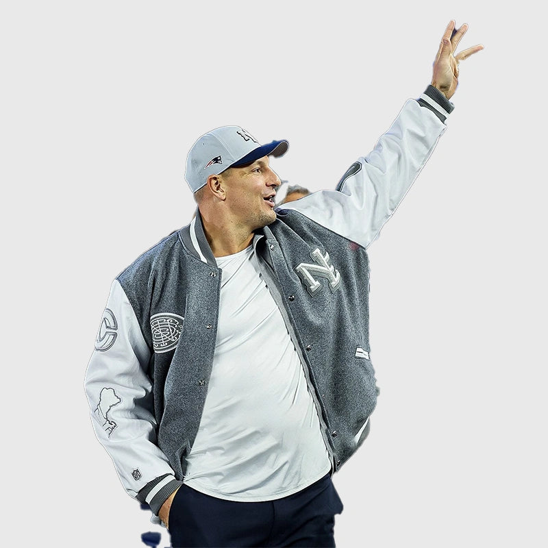 Patriots Rivalries wool varsity jacket from the CNCPTS x Nike collab inspired by Gronkowski’s 2025 game look.