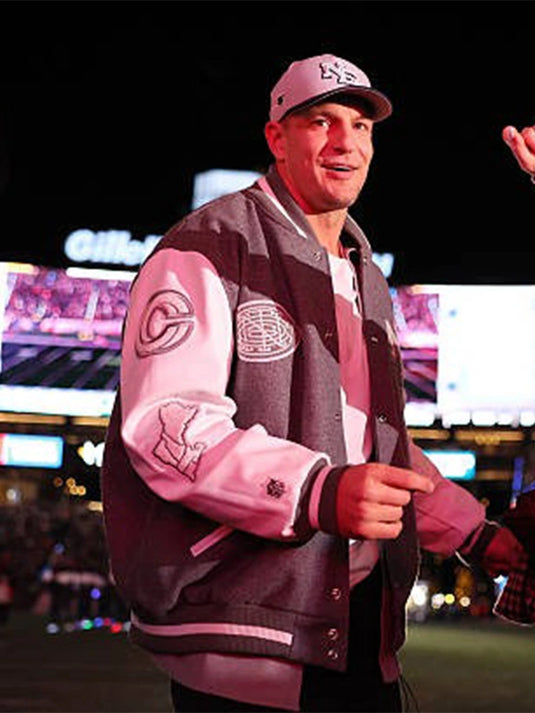 Rob Gronkowski–inspired CNCPTS x Nike x Patriots 2025 Rivalries wool varsity jacket from the Patriots vs Jets game.