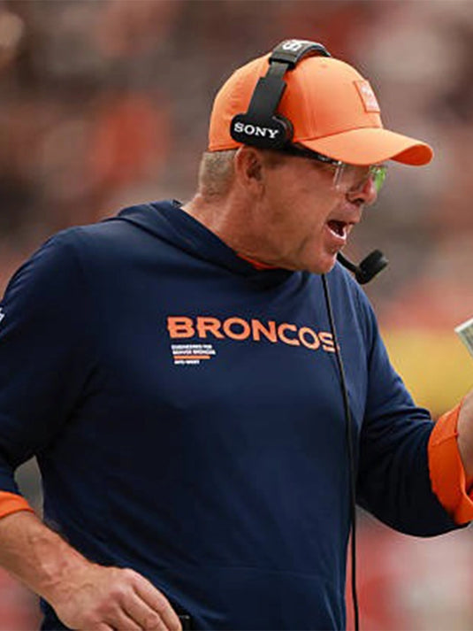 Denver Broncos 2025 Sideline Performance Half-Sleeves Hoodie Tee inspired by Coach Sean Payton’s sideline look.