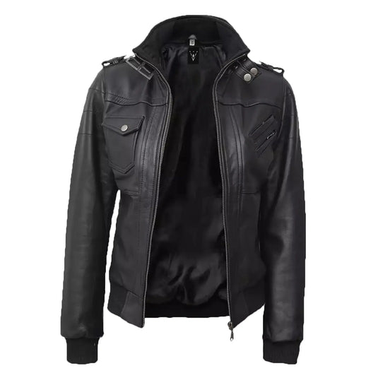 Hannah Black Bomber Hooded Leather Jacket