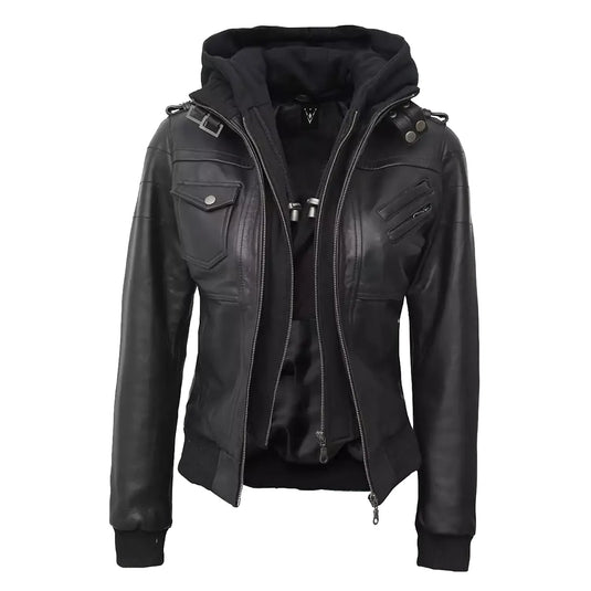 Hannah Black Bomber Hooded Leather Jacket