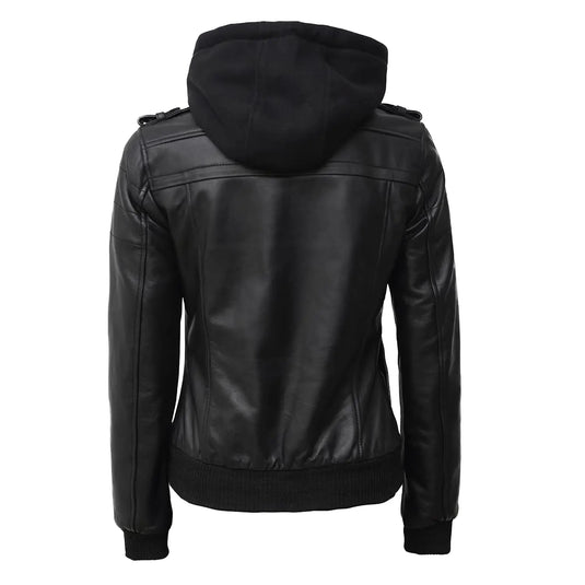 Hannah Black Bomber Hooded Leather Jacket