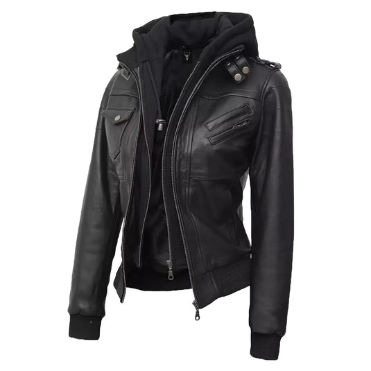 Hannah Black Bomber Hooded Leather Jacket