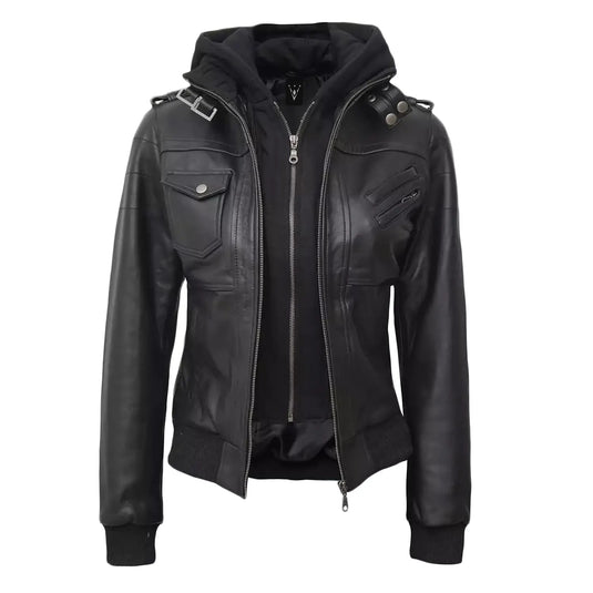 Hannah Black Bomber Hooded Leather Jacket