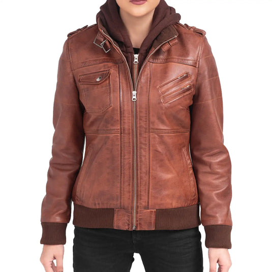 Hannah Brown Bomber Hooded Leather Jacket