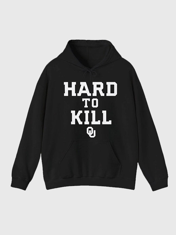 Hard to Kill Oklahoma black fleece pullover hoodie featuring a relaxed fit and soft fleece fabric