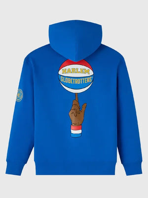RECREATED Harlem Globetrotters OVO Blue Fleece Hoodie showcasing a relaxed pullover profile with subtle team-inspired detailing