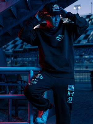 Recreated Factory Racing black pullover hoodie crafted from warm fleece fabric with classic kangaroo pocket