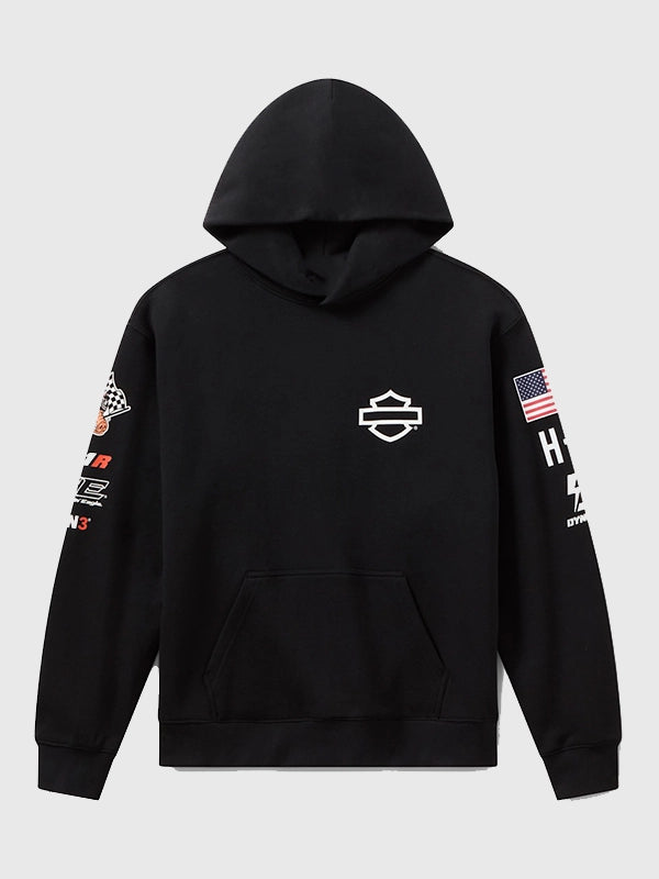 Recreated Harley Davidson Factory Racing fanwear fleece pullover hoodie in black with bold logo detailing and soft inner lining