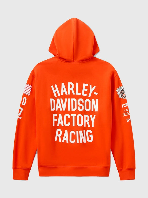 Orange Harley Davidson Factory Racing fleece hoodie featuring adjustable drawstring hood and ribbed cuffs for everyday comfort