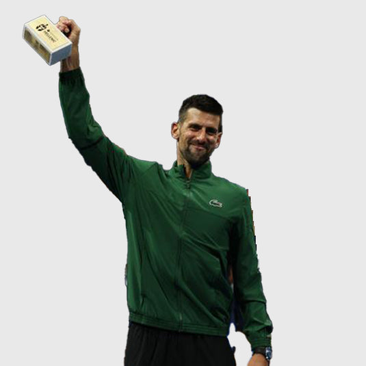 Lacoste Tennis x Novak Djokovic 2025 Hellenic Championship Green Track Jacket with sleek zip-up styling.