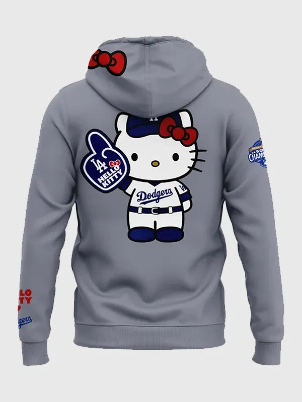Dodgers Hello Kitty fleece hoodie recreated in grey with comfortable build and casual streetwear styling