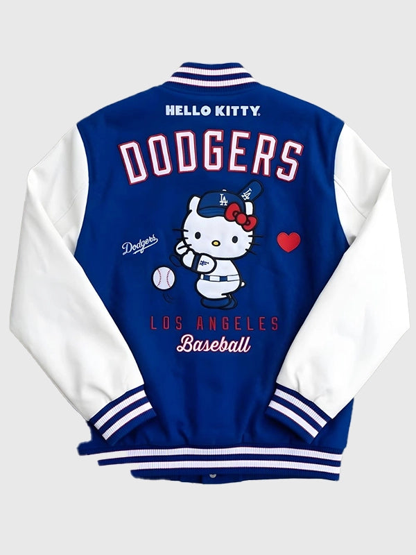 RECREATED Hello Kitty x Major League Baseball Los Angeles Dodgers Varsity Bomber Jacket in Blue & White featuring a bold two-tone silhouette with classic varsity styling