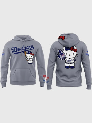 Recreated Dodgers Hello Kitty giveaway night fleece hoodie in grey with soft interior and playful graphic detailing