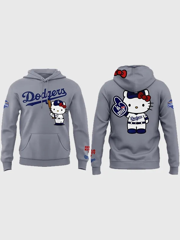 Recreated Dodgers Hello Kitty giveaway night fleece hoodie in grey with soft interior and playful graphic detailing