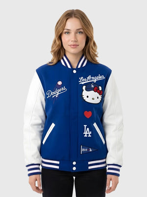 RECREATED Hello Kitty MLB Dodgers Varsity Bomber Jacket designed with a comfortable fit and standout character-inspired look