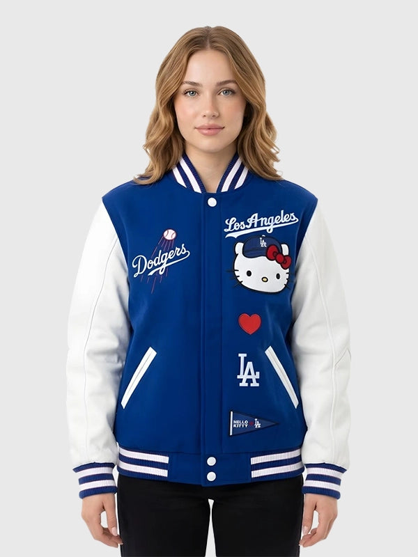 RECREATED Hello Kitty MLB Dodgers Varsity Bomber Jacket designed with a comfortable fit and standout character-inspired look