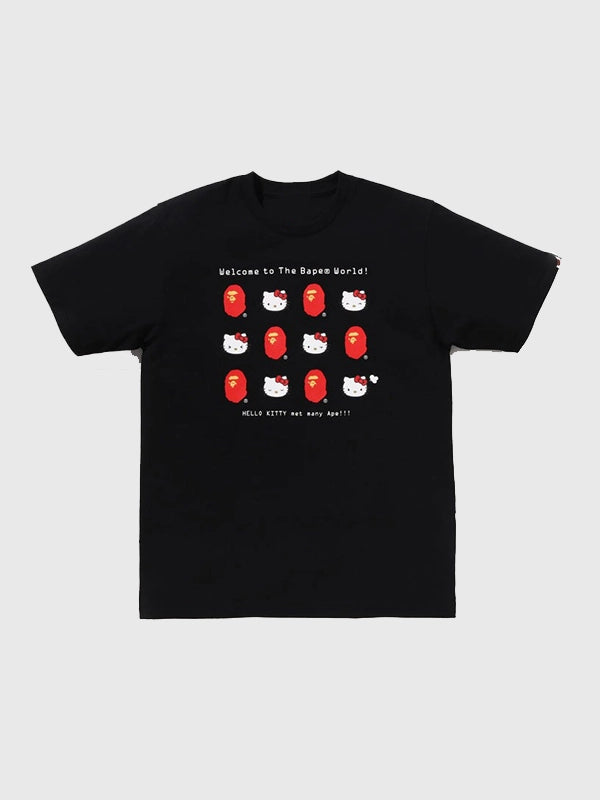 Recreated A Bathing Ape Hello Kitty 2026 graphic T-shirt in black with bold character print and classic crewneck silhouette