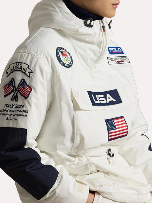 Polo Ralph Lauren white insulated hooded anorak jacket designed around Milano Cortina 2026 Winter Olympics Team USA theme with weather-resistant styling