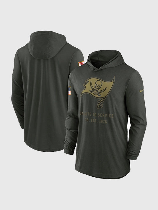Nike Tampa Bay Buccaneers 2025 Salute to Service forest green hooded pullover T-shirt crafted from lightweight Dri-FIT fabric.