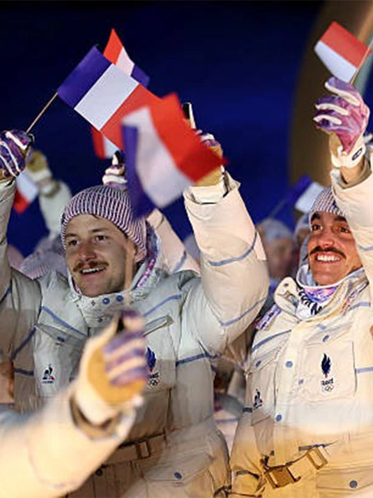 Team France beige Saharan puffer jacket inspired by the 2026 Winter Olympics opening ceremony