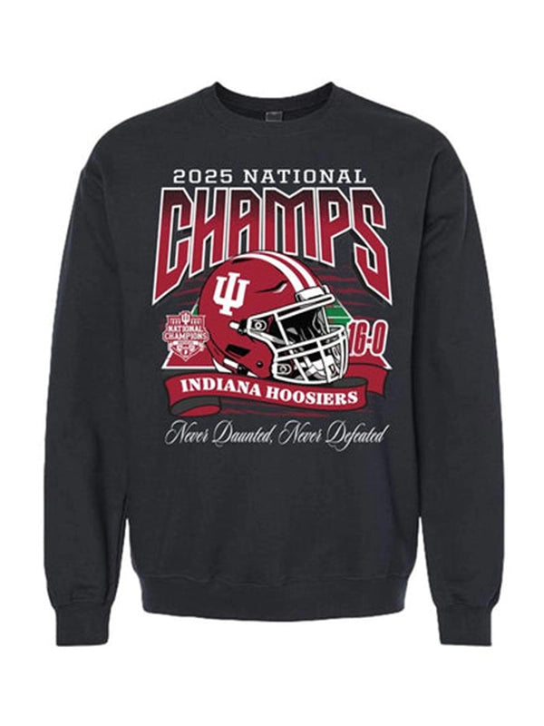 RECREATED Indiana Hoosiers 2025 National Champs fleece crewneck sweatshirt featuring bold helmet graphics and soft fabric