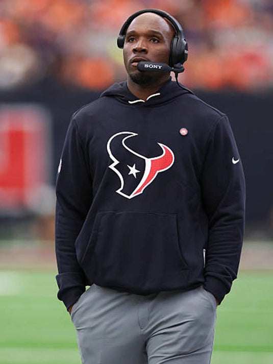 Houston Texans sideline fleece hoodie in black designed with comfort and coach-inspired detailing.