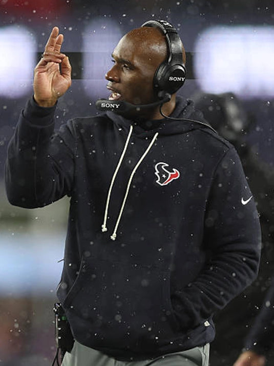 Navy pullover hoodie from Houston Texans Nike 2025 sideline collection with clean, leadership-driven styling