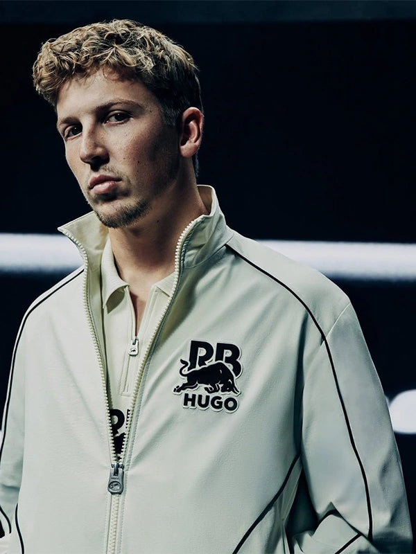RECREATED Hugo x Red Bull 2026 Bull Motif Full Zip Track Jacket in White featuring a sleek athletic design with signature bull graphic and smooth track fabric