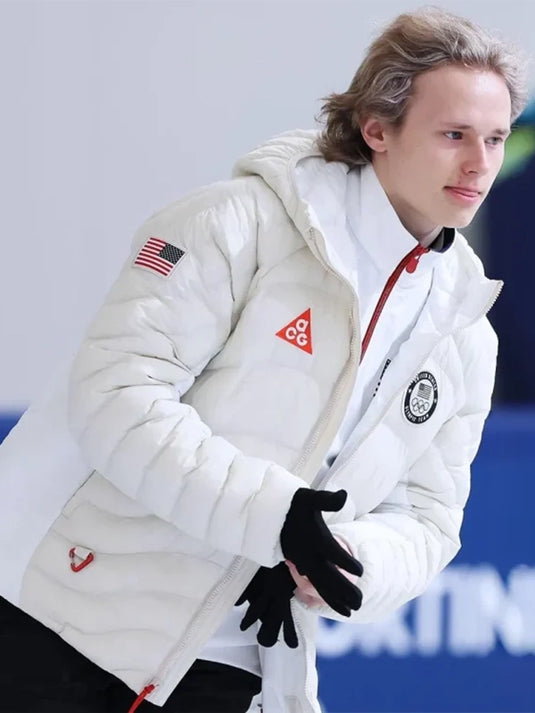 White Nike ACG x Therma-FIT ADV Team USA puffer jacket inspired by Ilia Malinin’s 2026 Games outerwear with performance insulation