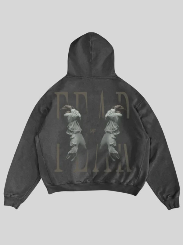 Grey NF Fear pullover hoodie inspired by Ilia Malinin’s 2026 Olympic performance, relaxed cut and comfortable fleece finish