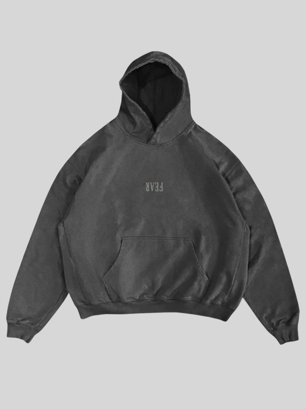 Recreated unisex winter pullover hoodie in grey with NF Fear print celebrating American figure skater Ilia Malinin’s Olympic exhibition look