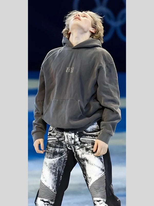 Grey NF Fear pullover hoodie inspired by Ilia Malinin at the 2026 Winter Olympics, oversized silhouette and soft fleece interior