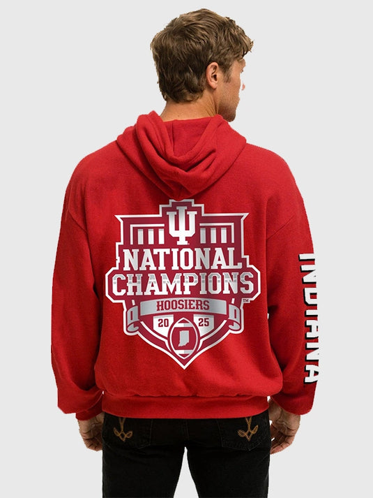 Indiana Hoosiers National Champions 2025 relaxed hoodie in red with vintage-inspired collegiate styling