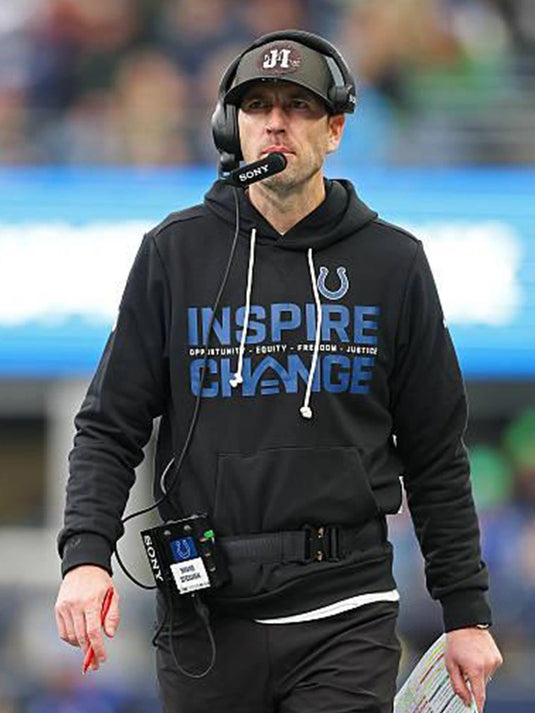 Black Nike sideline hoodie from the Indianapolis Colts 2025 Inspire Change collection with bold message typography