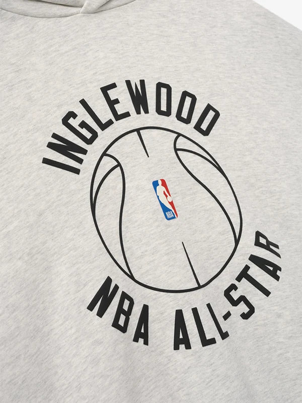 Recreated vintage-inspired grey fleece hoodie from Essentials Inglewood x All Star Weekend ’26 with crew neck silhouette