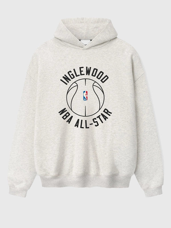 Grey Essentials Inglewood x All Star Weekend ’26 90s pullover hoodie featuring vintage-inspired text and soft fleece interior