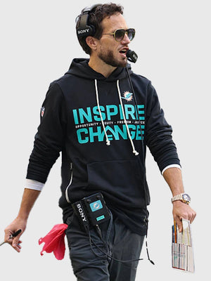 Mike McDaniel Dolphins inspired black hoodie highlighting Opportunity Equity Freedom Justice messaging