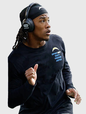 Black long sleeve t-shirt inspired by Los Angeles Chargers featuring Inspire Change values and minimalist sportswear look