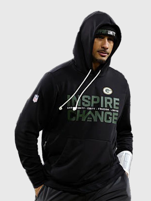 Black Nike pullover hoodie reflecting Green Bay Packers Inspire Change Opportunity Equity Freedom Justice message