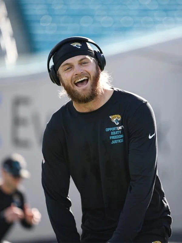 Nike black long sleeve T-shirt for Jacksonville Jaguars 2025 featuring Opportunity Equity Freedom Justice lettering