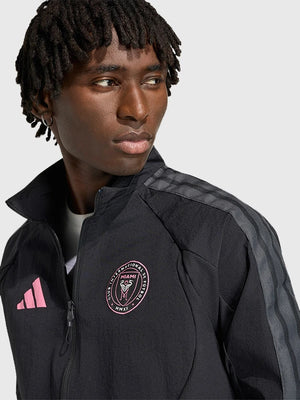 Black unisex Inter Miami CF anthem jacket recreated from Adidas, featuring a streamlined athletic fit and clean club styling.