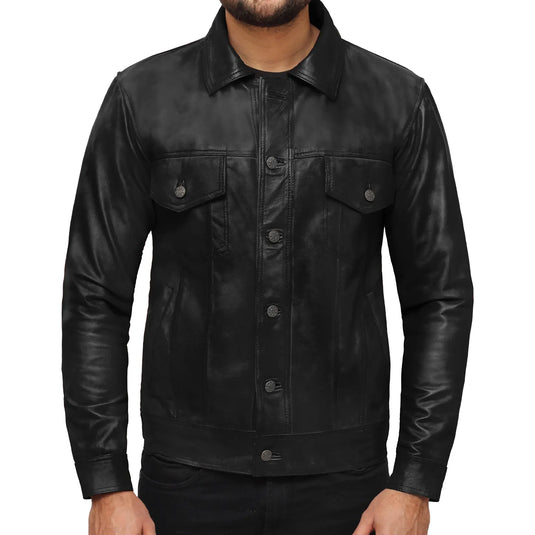 Isaac Black Leather Trucker Jacket